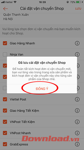 Xác nhận thiết lập Shopee