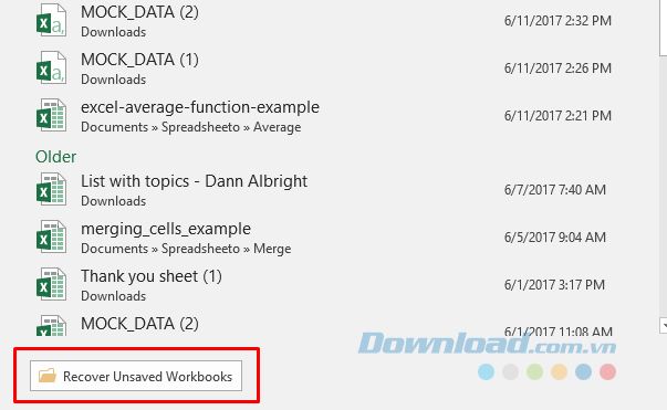 Nút Recover Unsaved Workbooks.