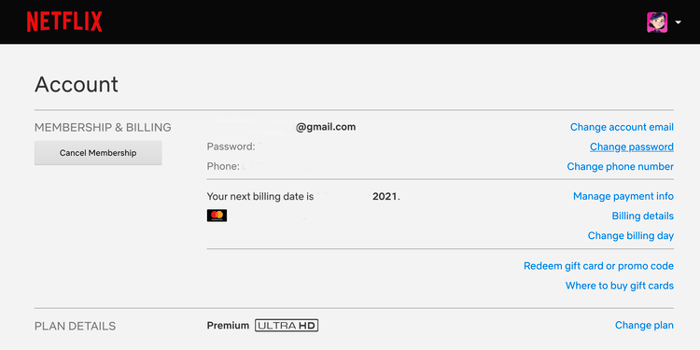 Trang thông tin tài khoản trên Netflix