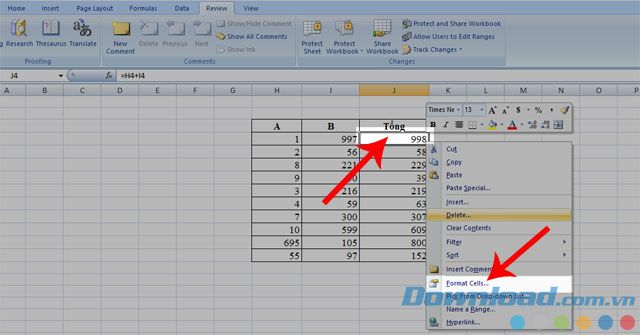 Nhấn chuột phải và chọn Format Cells