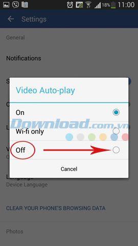 Chọn Tắt để ngừng video tự động phát trên android