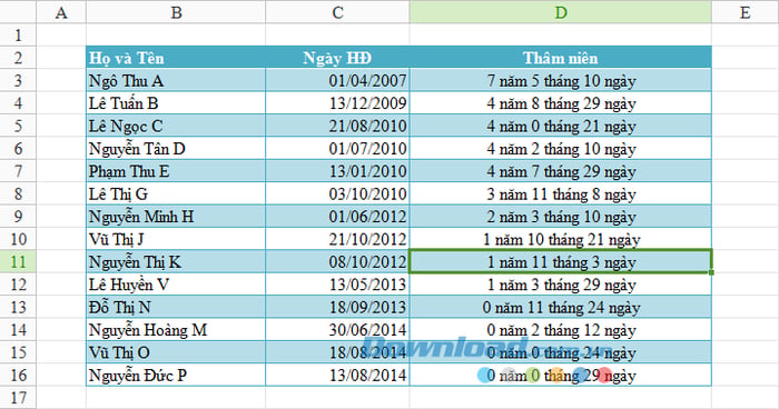 Tính thâm niên làm việc trên bảng tính Excel