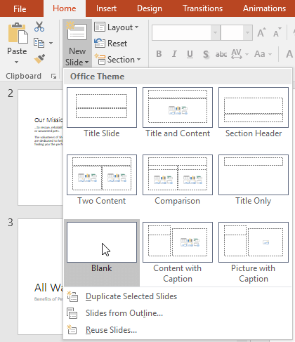 Tạo slide trống trong bài thuyết trình PowerPoint