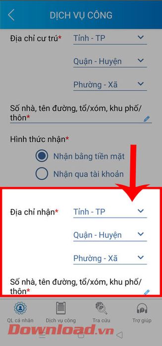 Nhập địa chỉ nhận lương trực tiếp bằng tiền mặt