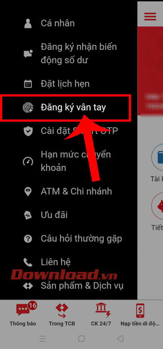 Chọn mục Đăng ký vân tay