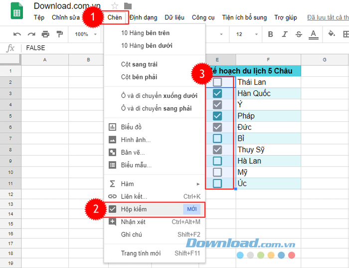 Thêm checkbox vào bảng tính Google Sheets