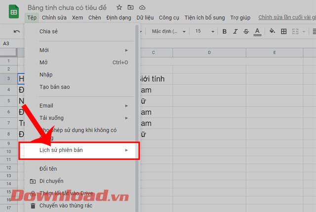 Click vào mục Lịch sử phiên bản