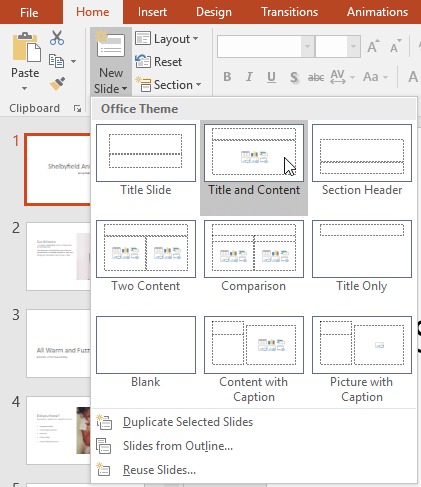 Lựa chọn bố cục slide