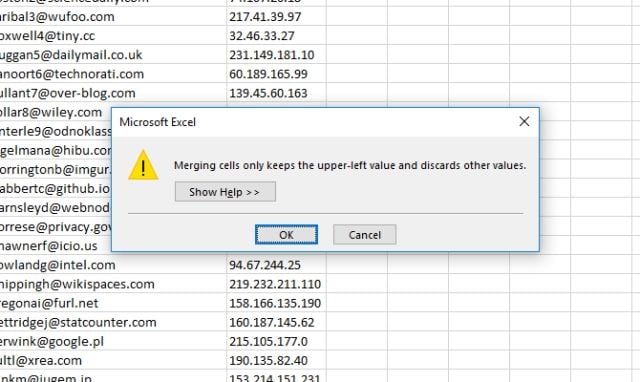 Thông báo khi hợp nhất ô trong Excel