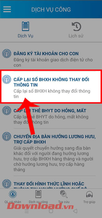 Chọn tùy chọn Cấp lại sổ BHXH không thay đổi thông tin