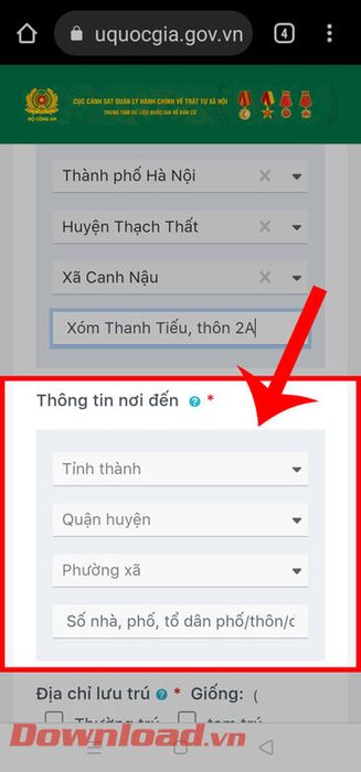 Điền thông tin về điểm đến