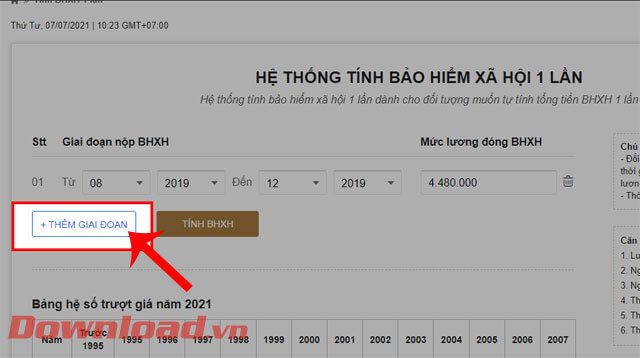 Nhấp vào nút Thêm giai đoạn đóng BHXH