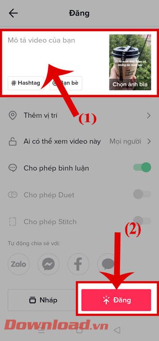 Tạo chú thích cho video và nhấn nút Đăng