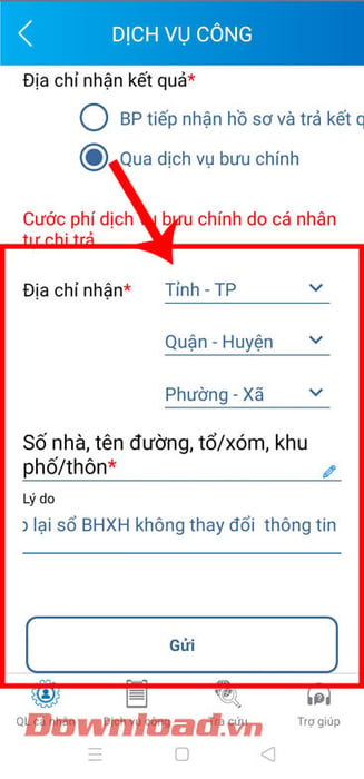 Nhập địa chỉ nhận sổ BHXH mới qua Dịch vụ bưu chính