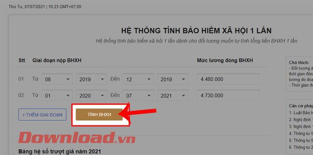 Nhấp chuột vào nút Tính BHXH