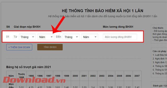 Điền thông tin về giai đoạn đóng BHXH