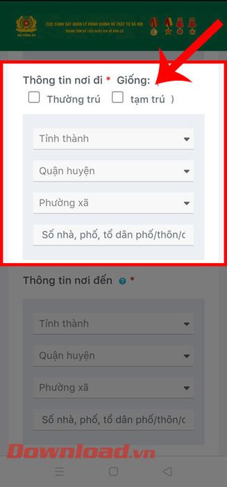 Nhập thông tin về nơi đi