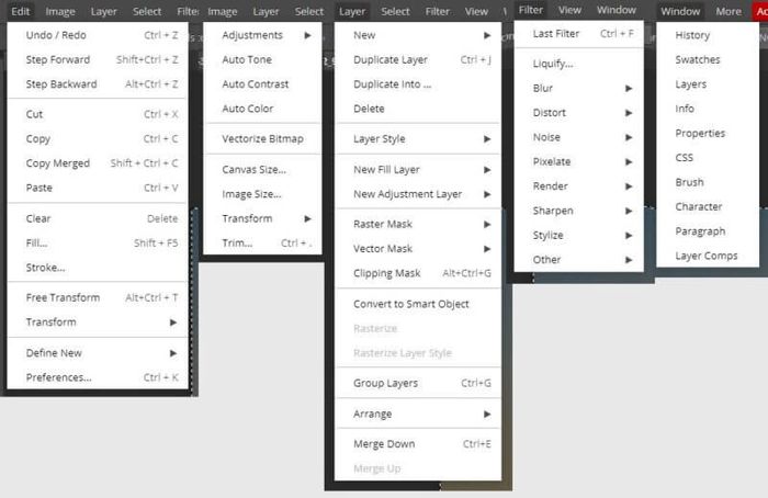 Menu ứng dụng web Photopea