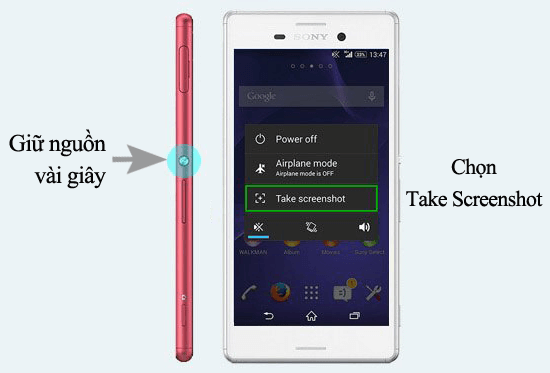 Chụp ảnh màn hình điện thoại Sony