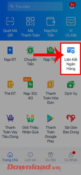 Chọn mục Liên kết ngân hàng