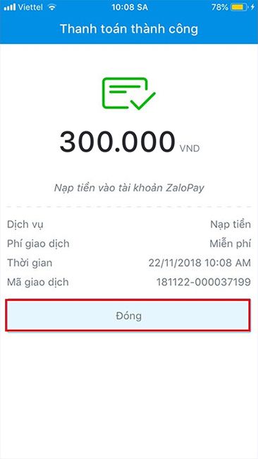 Xác nhận số tiền nạp vào ZaloPay