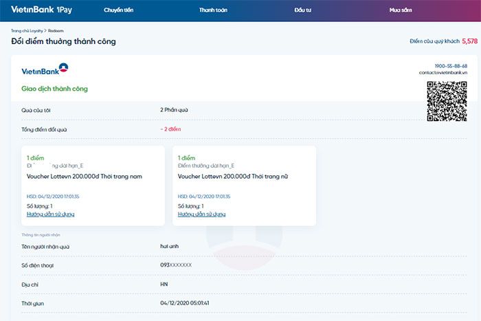 Quá trình đổi quà trên ViettinBank đã hoàn tất