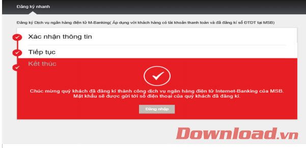 Đăng ký Internet Banking thành công
