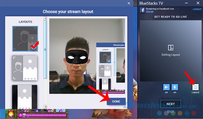 Chọn bố cục khi stream trên Facebook