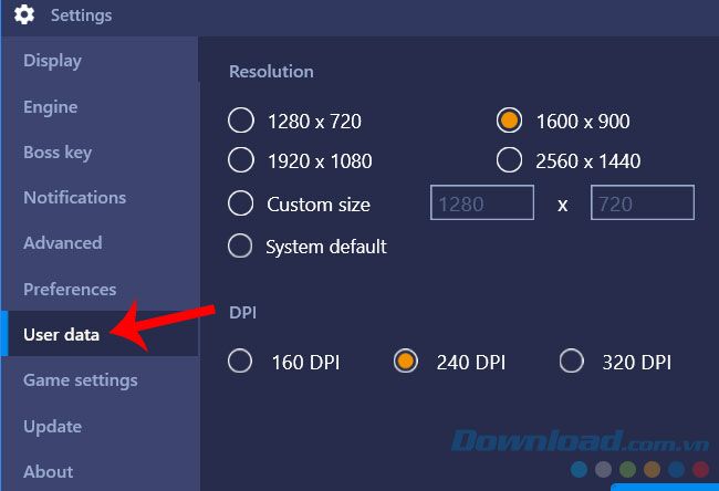 Giao diện Settings của BlueStacks