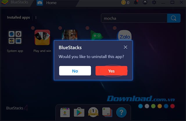 Đồng ý gỡ ứng dụng trên BlueStacks