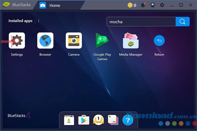 Bấm vào Cài đặt trong BlueStacks