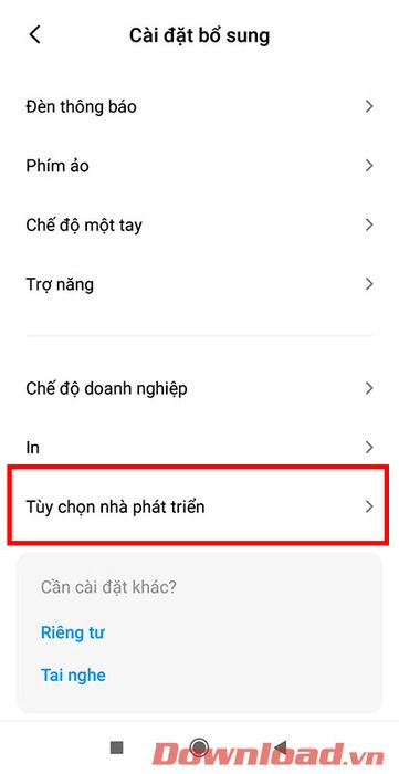 Tiếp tục vào mục <strong>Tùy chọn nhà phát triển</strong>.