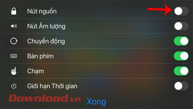 Di chuyển công tắc tại các mục Tùy chọn