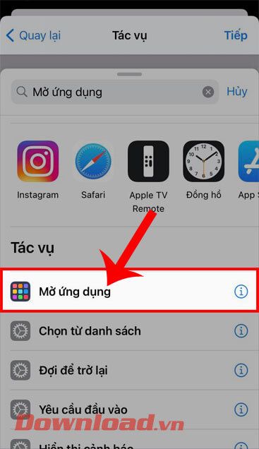 Chọn tác vụ Mở ứng dụng