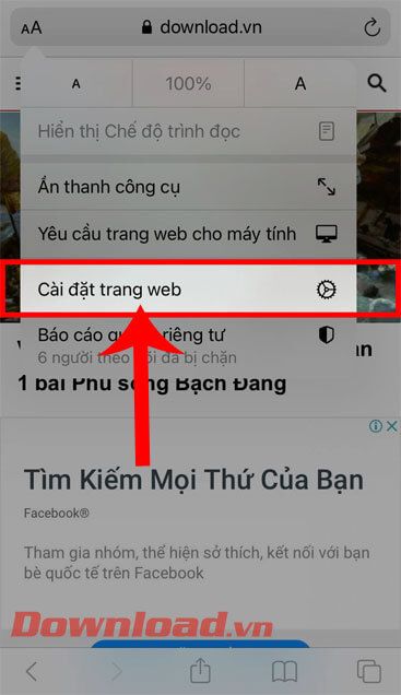 Chọn mục Cài đặt trang web