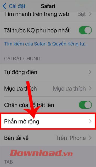 Nhấn vào <strong>Phần mở rộng.</strong>