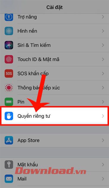 Nhấn vào Quyền riêng tư