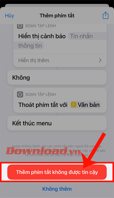 Nhấn vào nút Thêm phím tắt không đáng tin cậy