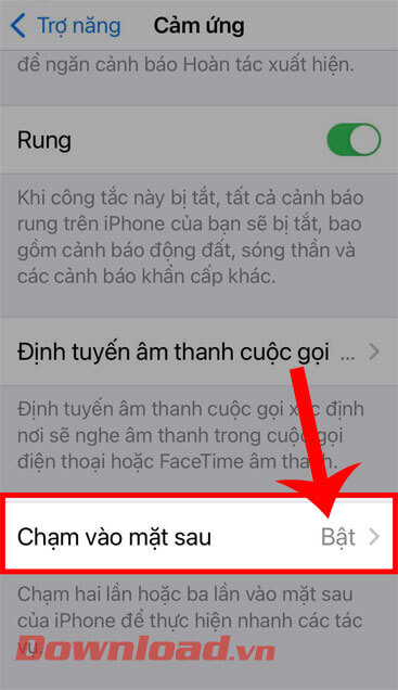 Nhấn vào mục Chạm vào mặt sau