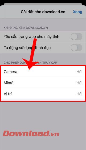 Chọn quyền cho phép truy cập