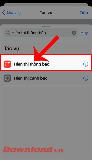 Chọn tác vụ Hiển thị thông báo