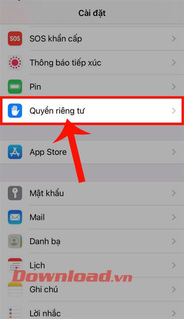 Nhấn vào mục Quyền riêng tư