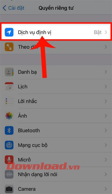 Chạm vào mục Dịch vụ định vị
