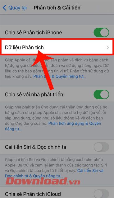 Chạm vào mục Dữ liệu phân tích