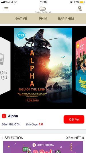 Giao diện chính của ứng dụng Lotte Cinema