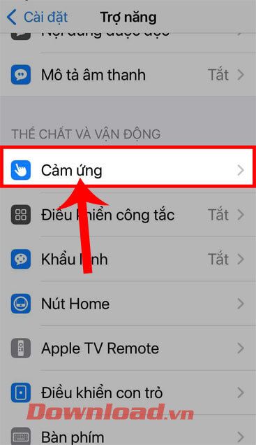 Chạm vào mục Cảm ứng