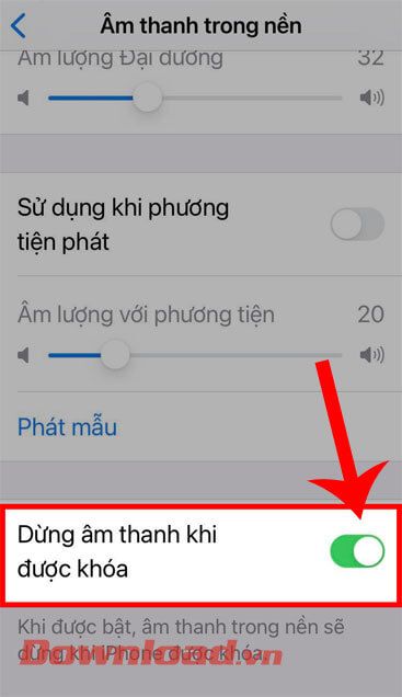 Bật công tắc tại mục Dừng khi khóa màn hình.