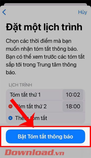 Chạm vào nút Bật tóm tắt thông báo