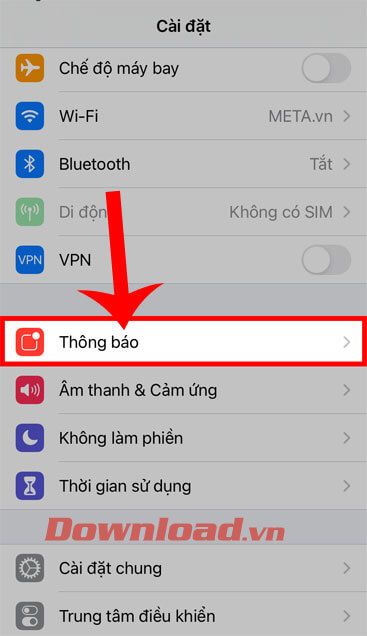 Nhấn vào mục Thông báo