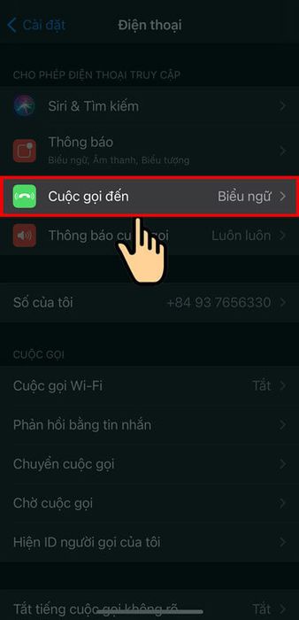Chạm vào mục Cuộc gọi đến